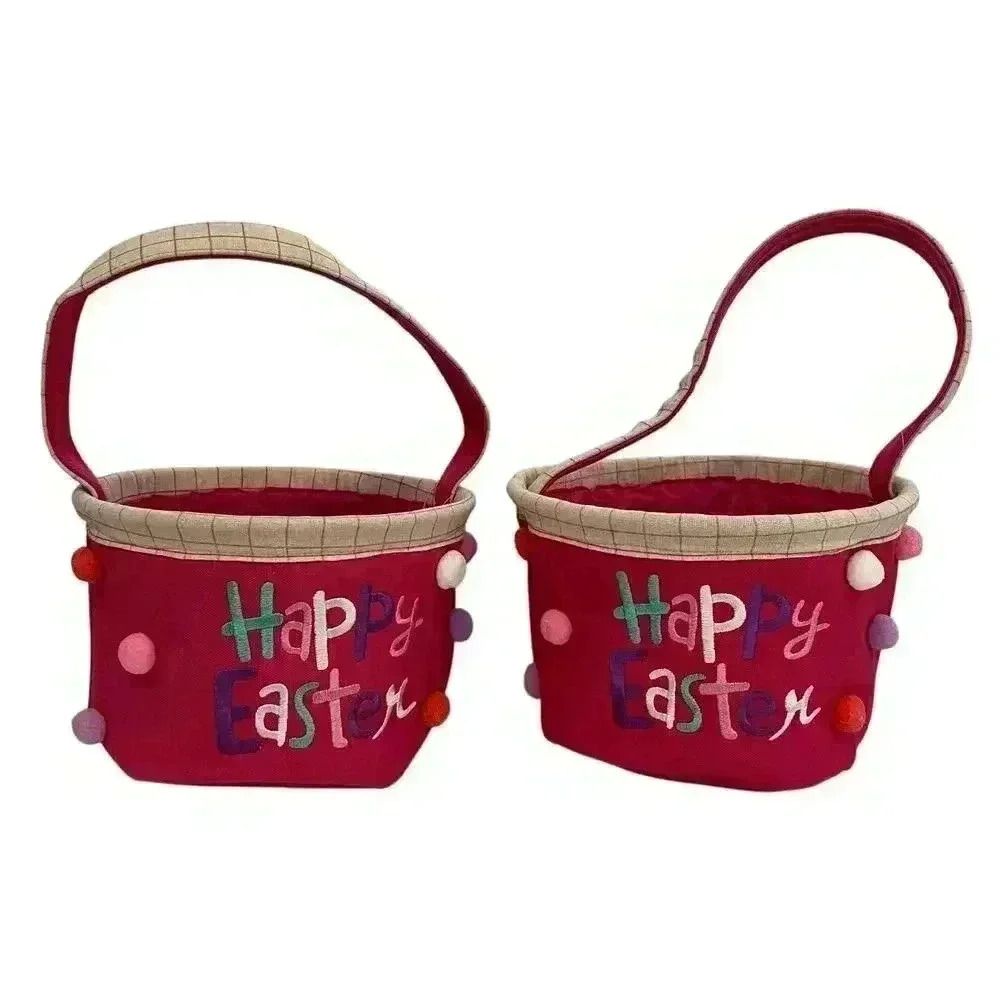 Embroidered Bunny Happy Easter Basket Canvas Pink With Handle 10"